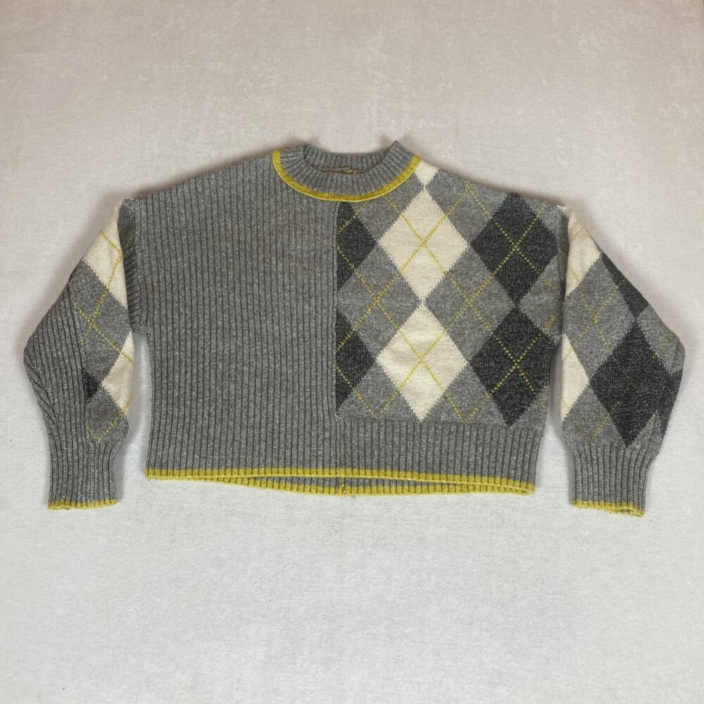 Pringle of Scotland H&M Argyle Sweater Gray Yellow Cropped Ribbed Knit Preppy